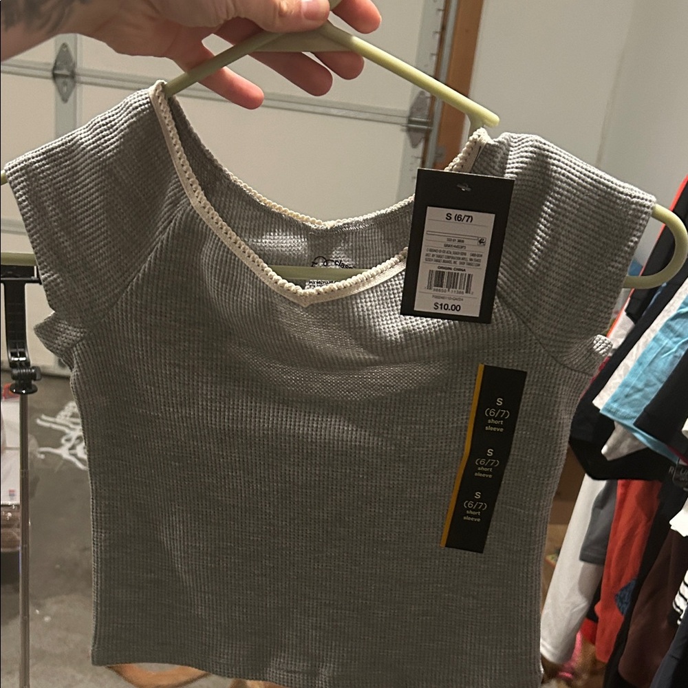 art class Gray Ribbed Short Sleeve Tee with Cream Trim